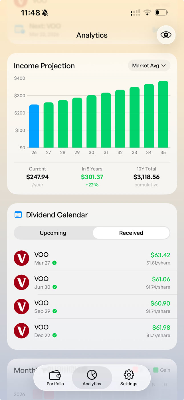 DecentWealth dividend calendar showing upcoming payment dates and income projections