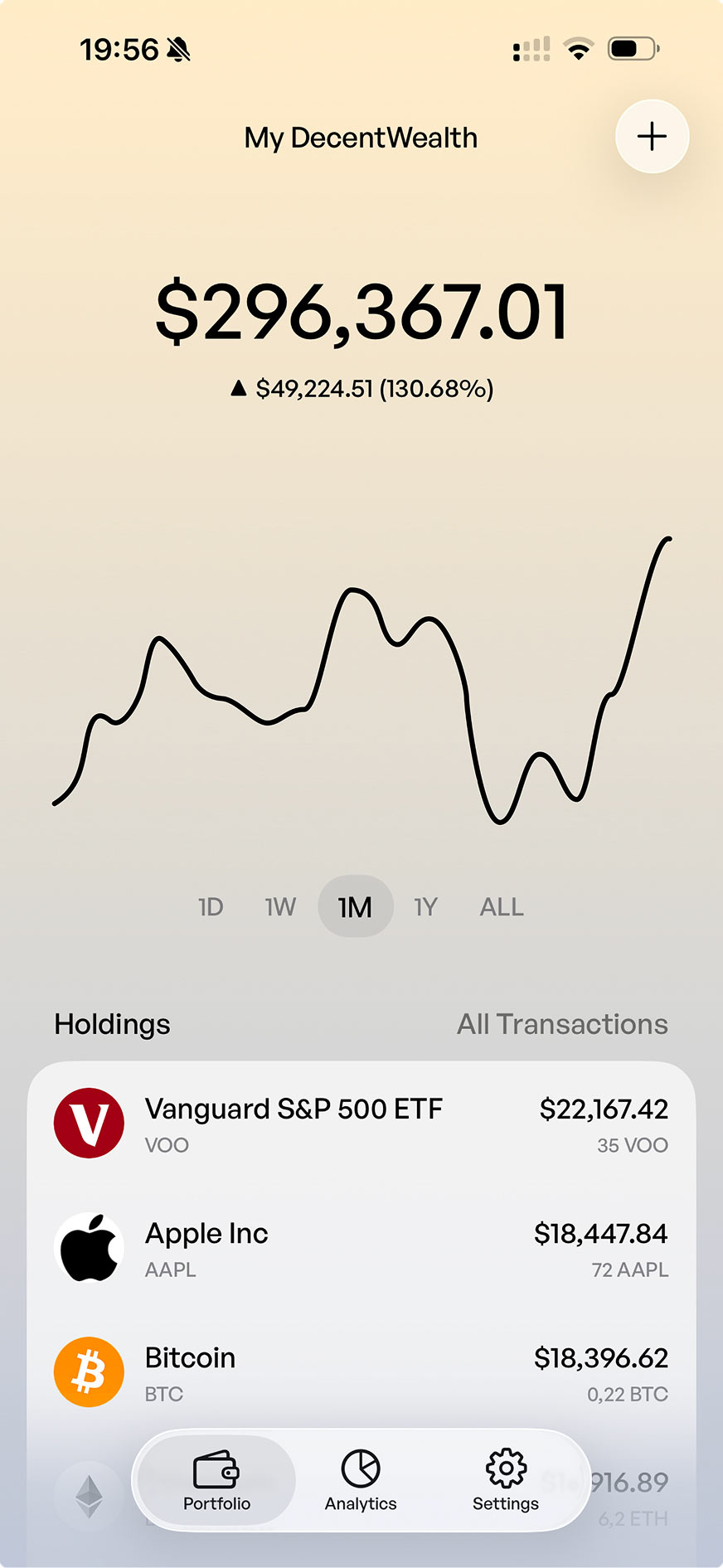 DecentWealth iOS app interface showing portfolio overview