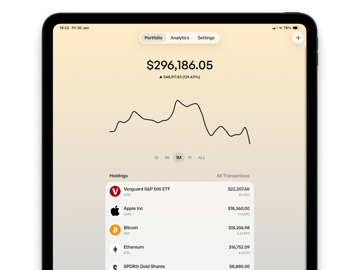 DecentWealth iPad app with two-column analytics and portfolio breakdown