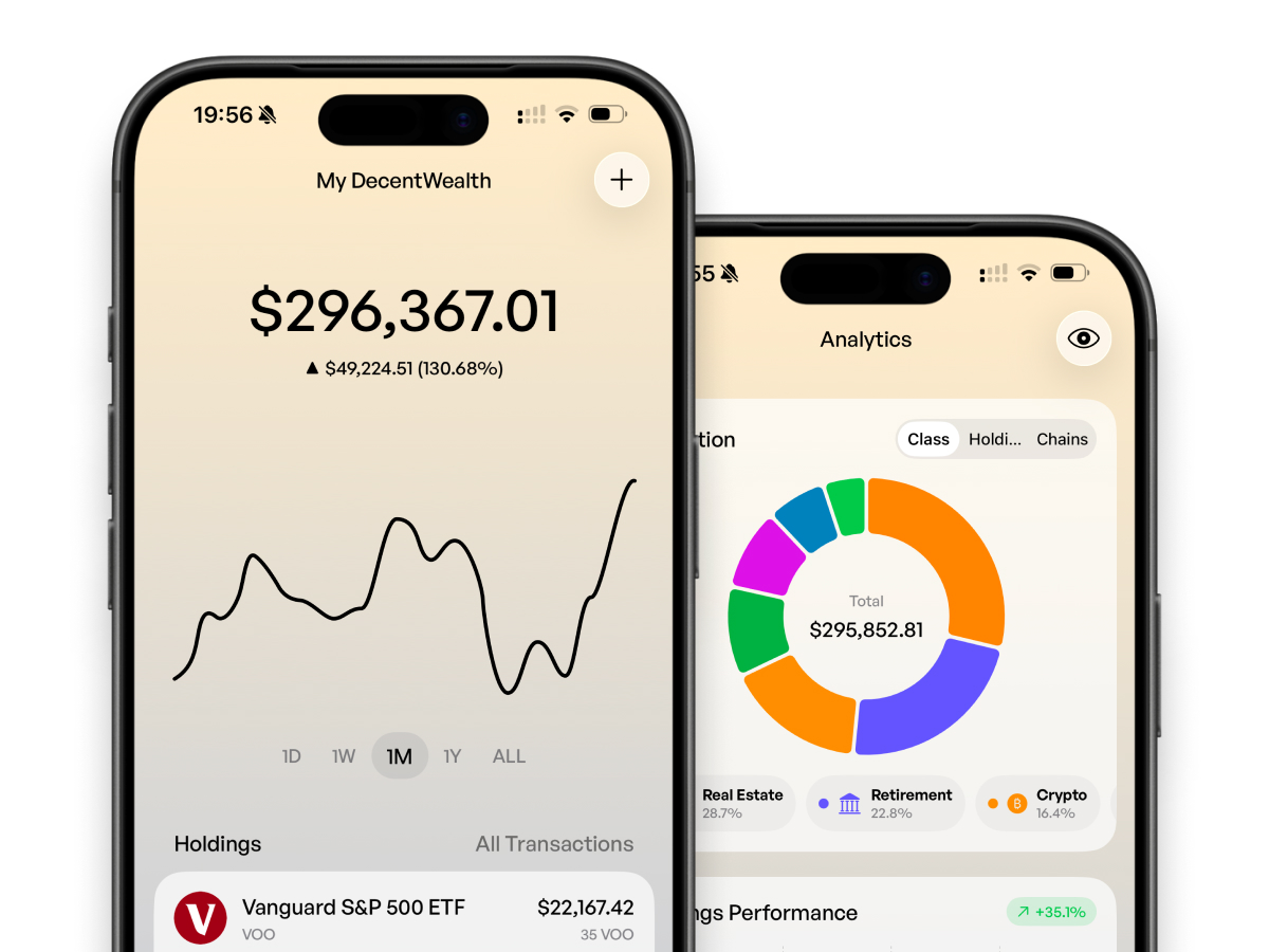 DecentWealth iPhone app showing portfolio overview with net worth and asset allocation