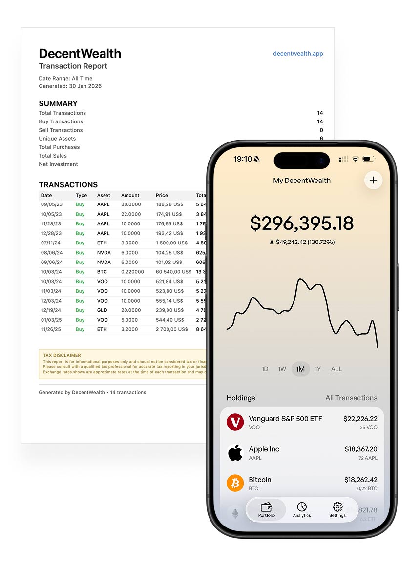 DecentWealth tax export showing CSV and PDF options
